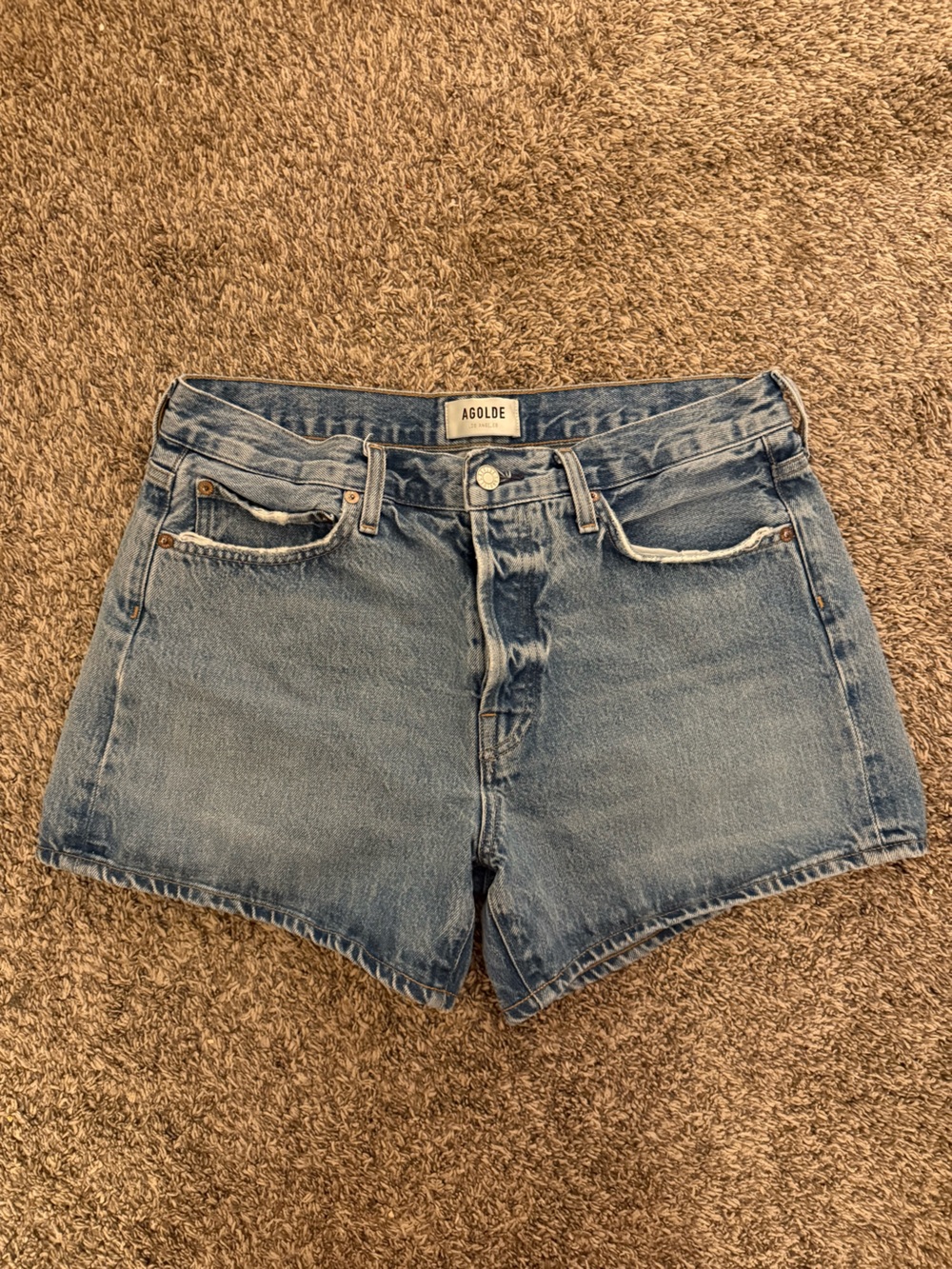 Agolde Light Blue Mid Rise Denim Shorts